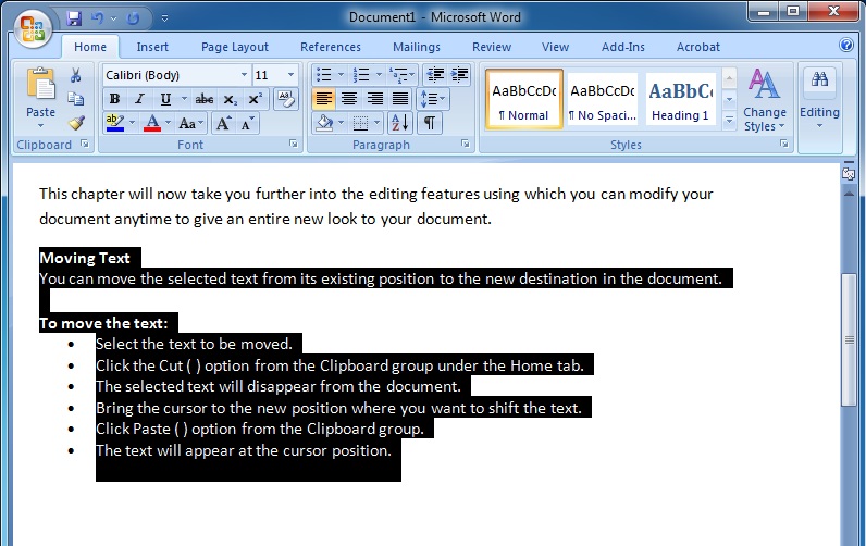 Editing Text in Microsoft Word 2007 To Select a Large Block of Text