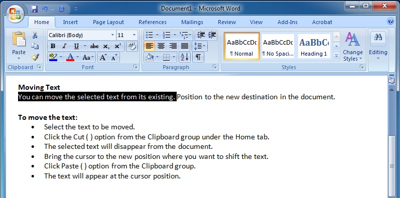 Editing Text in Microsoft Word 2007 To Select a Sentence