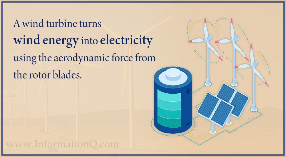 A wind turbine turns wind energy into electricity using the aerodynamic force from the rotor blades.