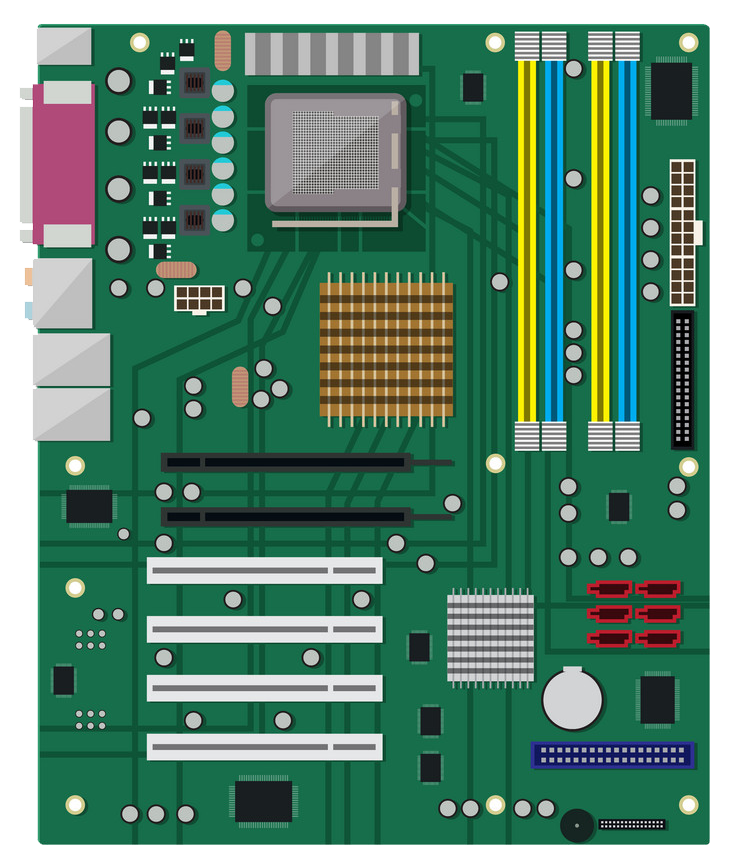  A computer's motherboard is housed on this enormous printed circuit board.