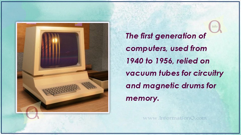 The first generation of computers, used from 1940 to 1956, relied on vacuum tubes for circuitry and magnetic drums for memory. 