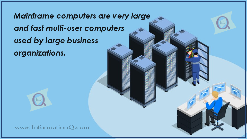 Mainframe computers are very large and fast multi-user computers used by large business organizations. 